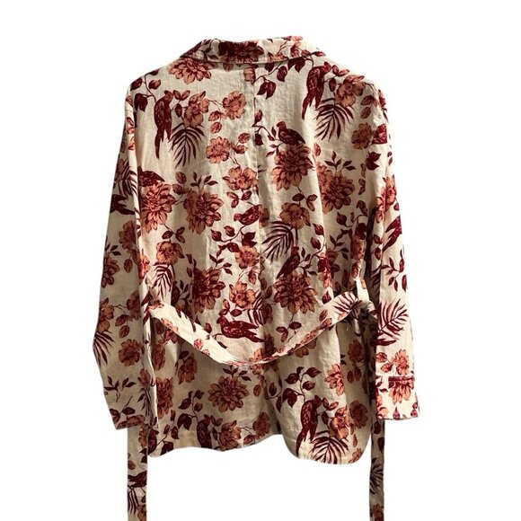 Rachel Zoe Jacket Womens L Red Floral‎ Linen Button Down Tie Waist Lightweight - Picture 2 of 8